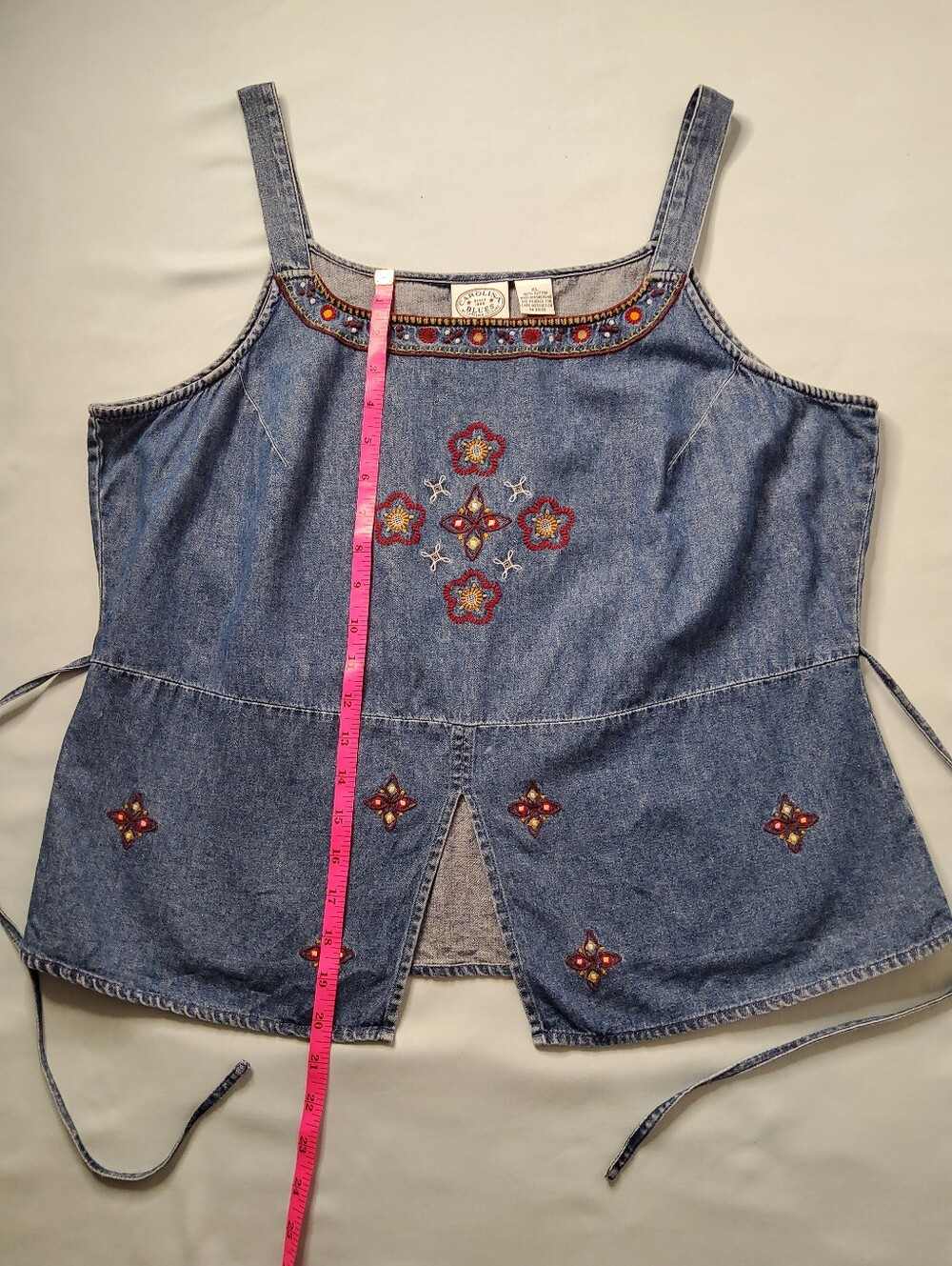 Carolina Blues Embroidered Denim Tank Top - Blue with Multicolor Floral Trim - Picture 3 of 11